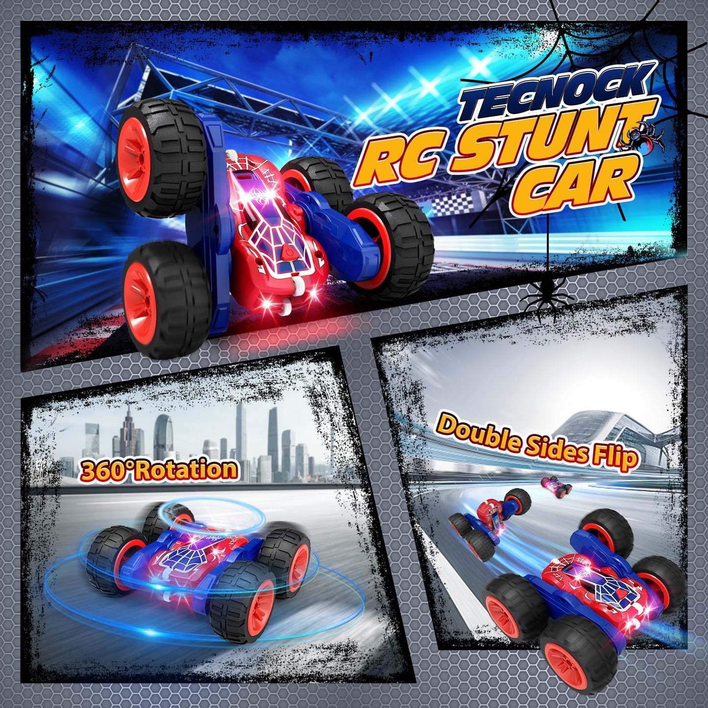 Tecnock Spider Remote Control Car for Kids, 2.4GHz RC Car with Type-C Easy Charging, 4WD Double Sided 360 Rotates and Flips RC S