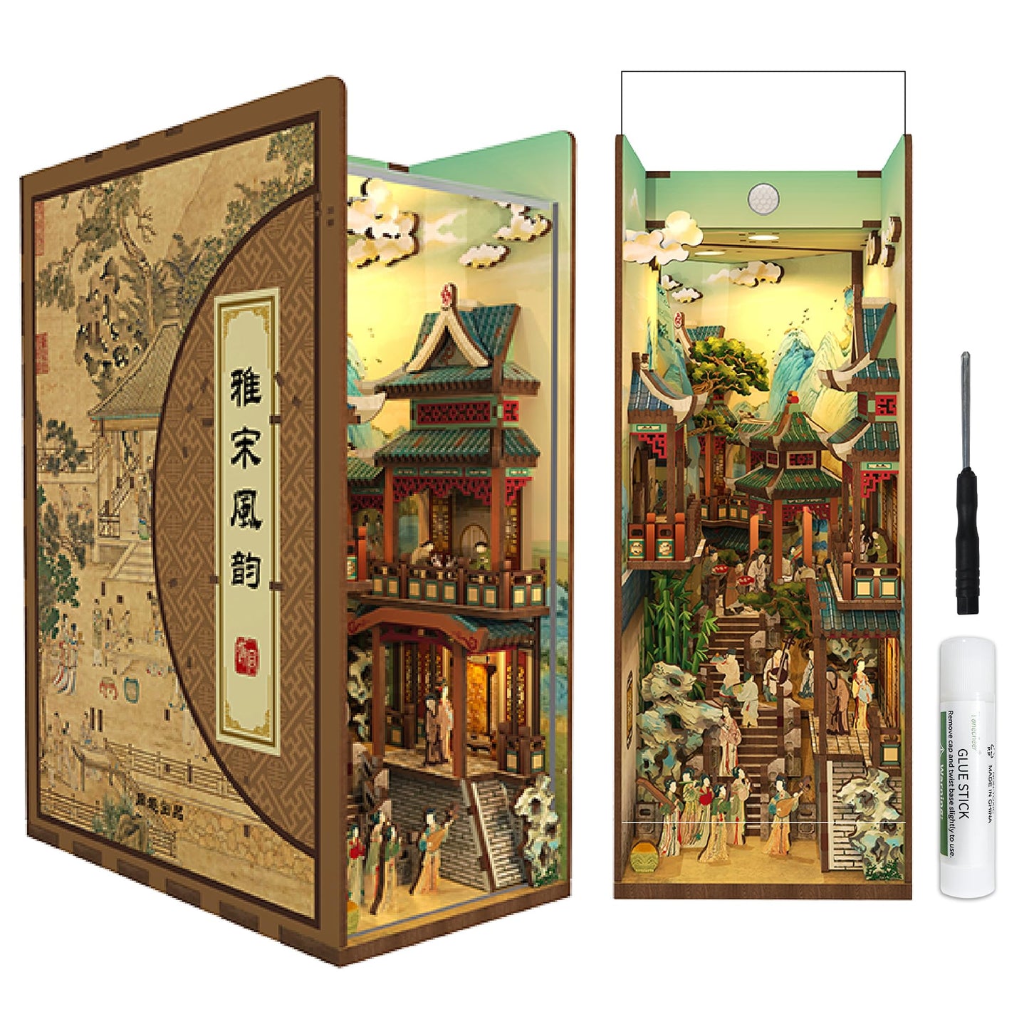 Tonecheer Diy Book Nook Kit For Adults, Wooden 3D Puzzle Bookend Bookshelf Insert Decor, Chinese Booknook Miniature House Kit Wi