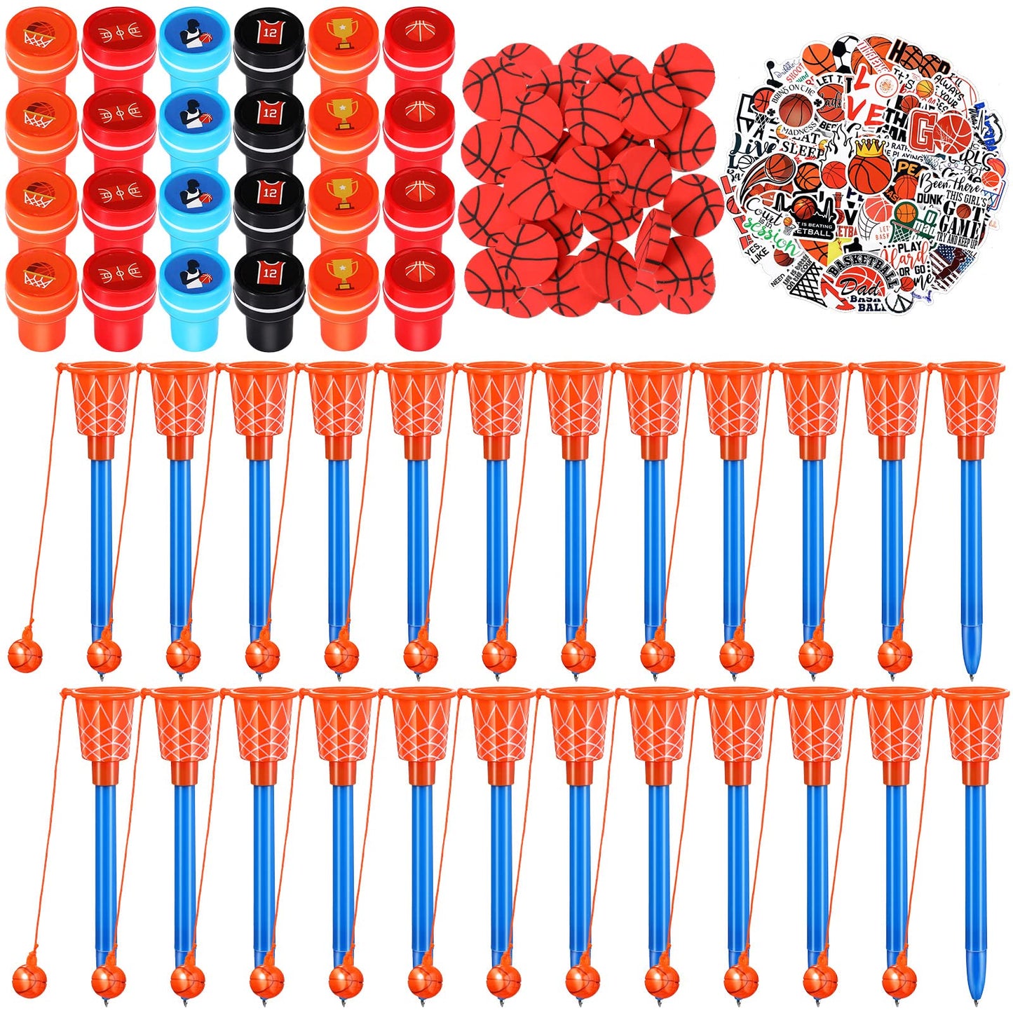 Aoriher 122 Pcs Basketball Party Favors, Includes Basketball Stampers, Hoop Pens, Mini Pencil Erasers, Stickers, Self Inking Sta
