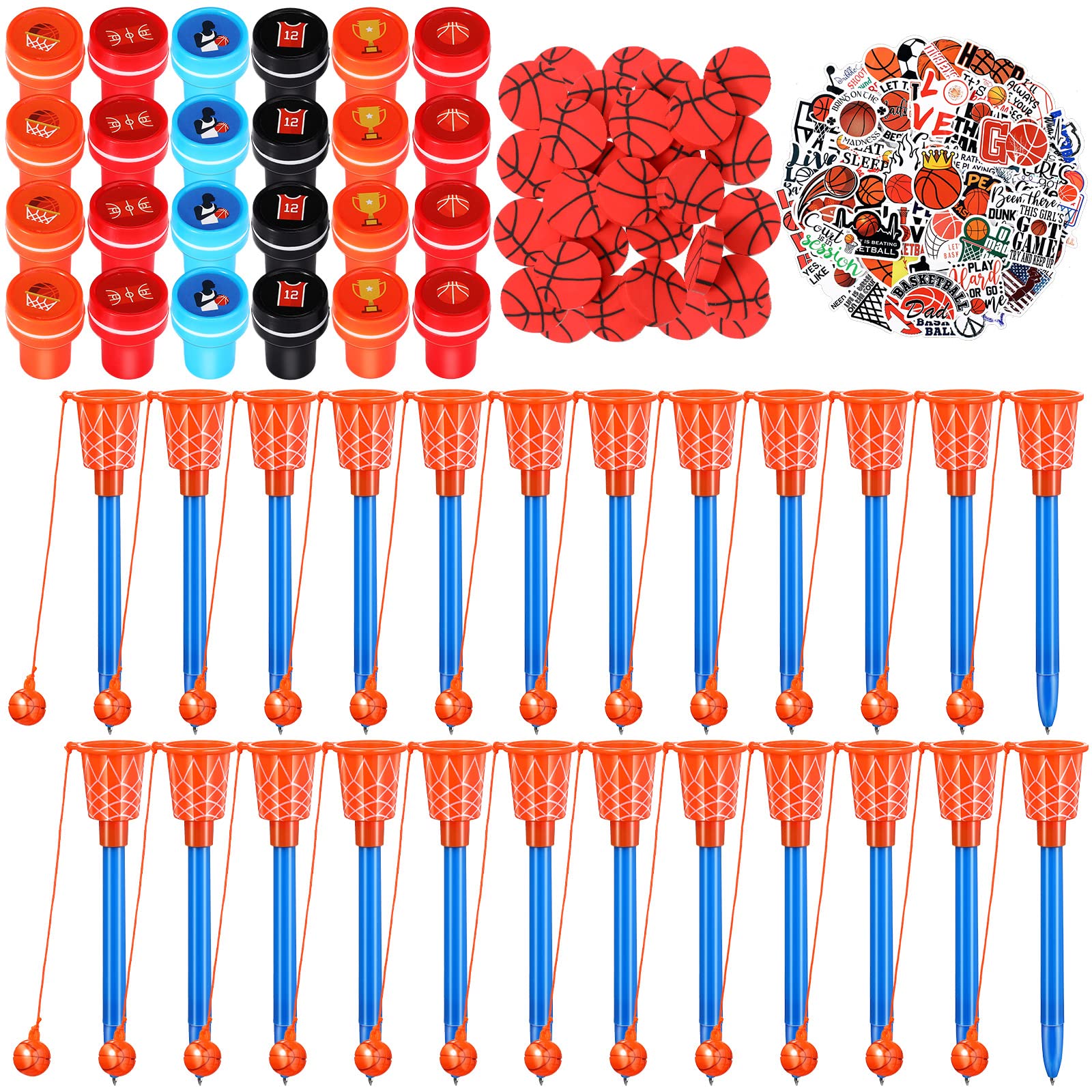 Aoriher 122 Pcs Basketball Party Favors, Includes Basketball Stampers, Hoop Pens, Mini Pencil Erasers, Stickers, Self Inking Sta