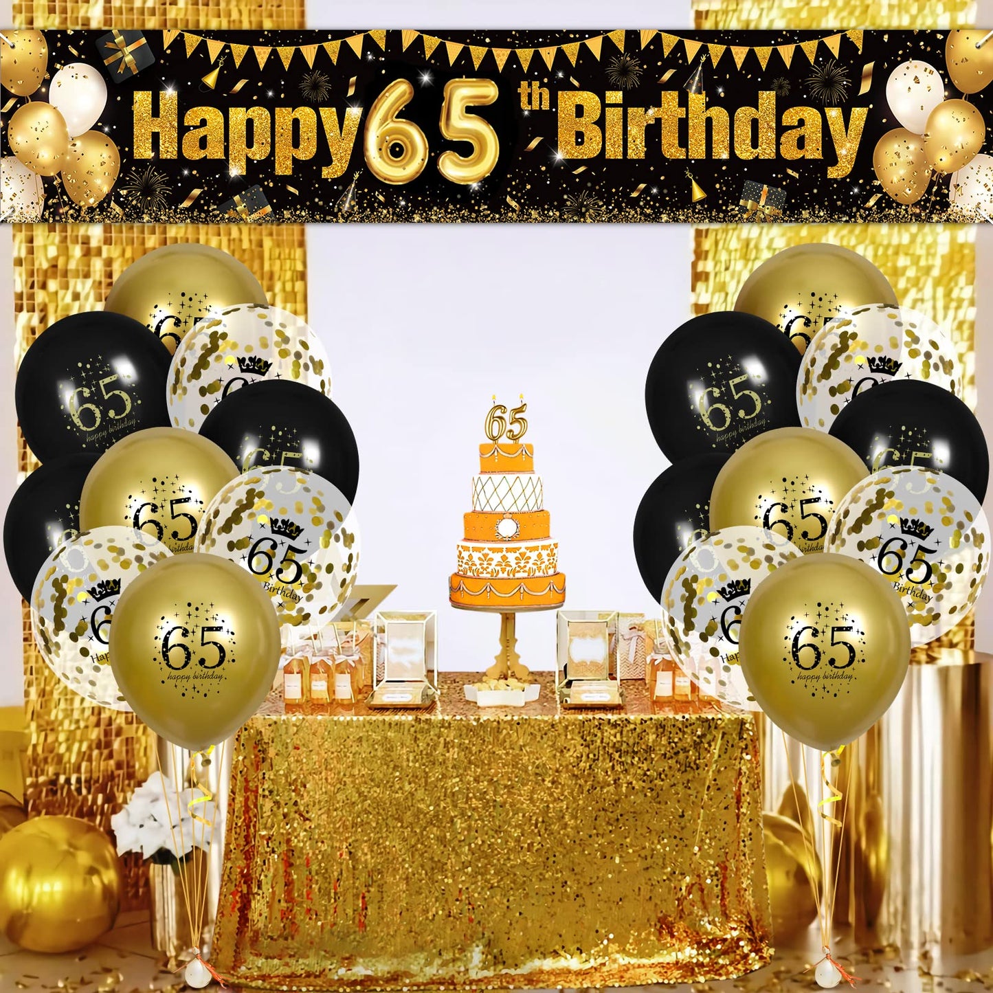 65Th Birthday Decorations For Men Women Black And Gold, Black Gold Birthday Yard Banner Sign And 18 Pcs 65Th Happy Birthday Balloons For 65Th Anniversary Birthday Party Supplies Outdoor Yard Decor