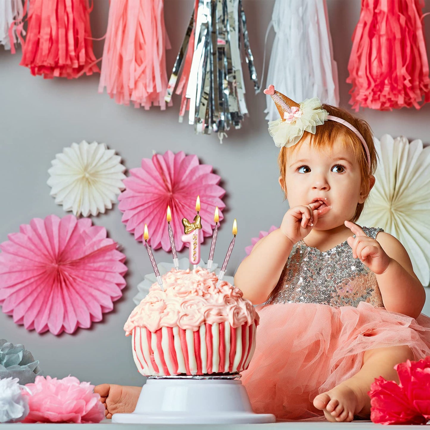 BBTO Number 1 Birthday Candle Pink Birthday Candle Girl with 10 Pieces Pink Candles Long Thin Cupcake Candles in Holders for Cak