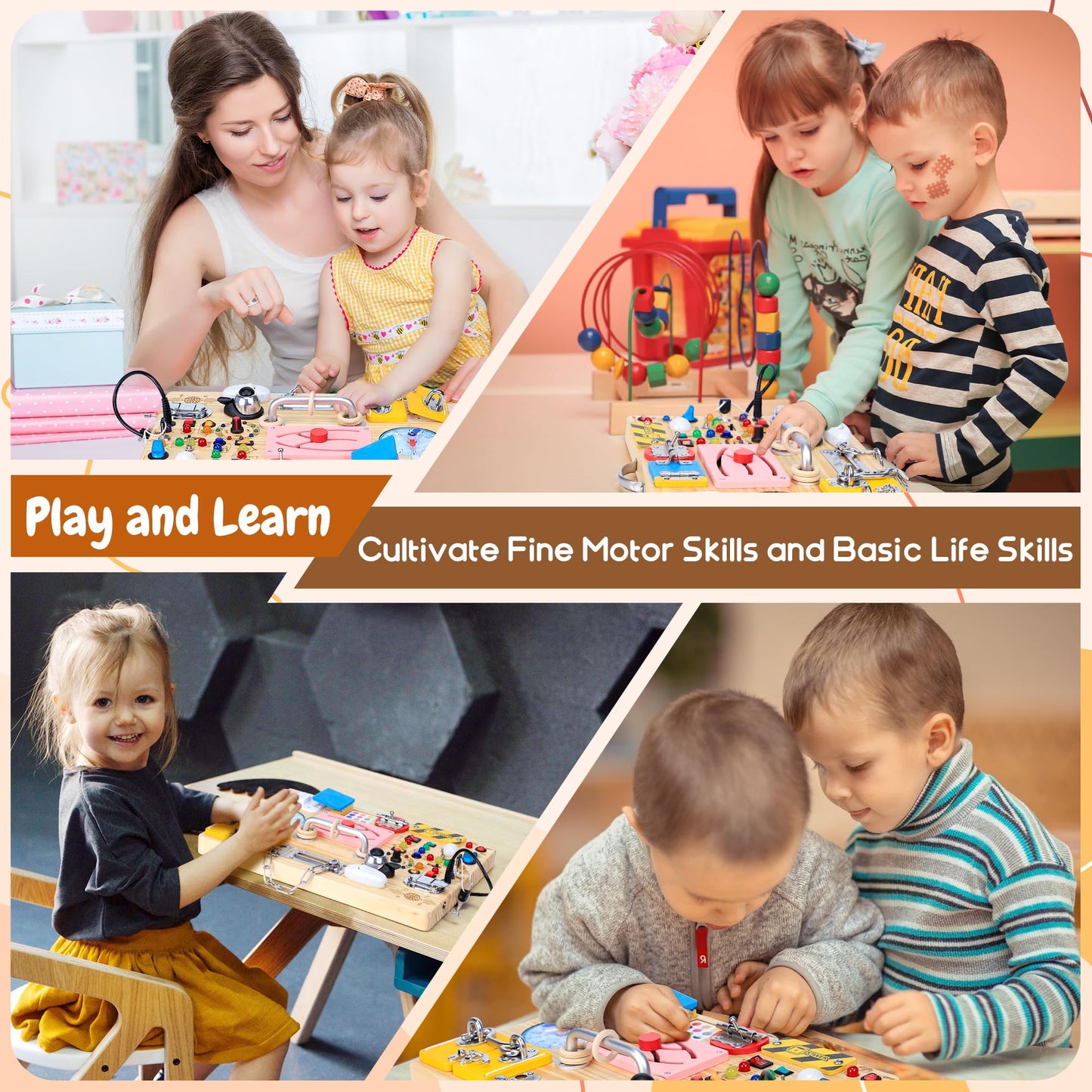 iHarPro 25 in 1 Busy Board - Wooden Montessori Sensory Toy, 17.7" x 7.8", Brown, with LED Light Switches for Toddlers 1