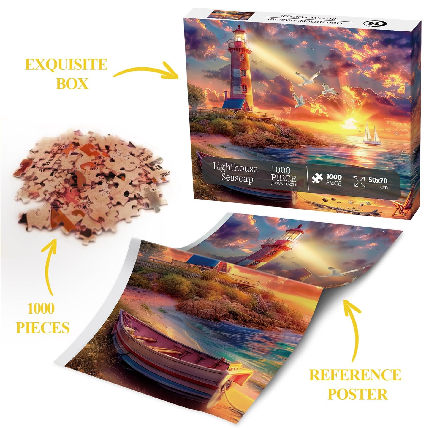 Beach Ocean Lighthouse Puzzle For Adults 1000 Pieces Nature, Summer Sunset Landscape Jigsaw Puzzle, Sailboat Scenery Puzzle