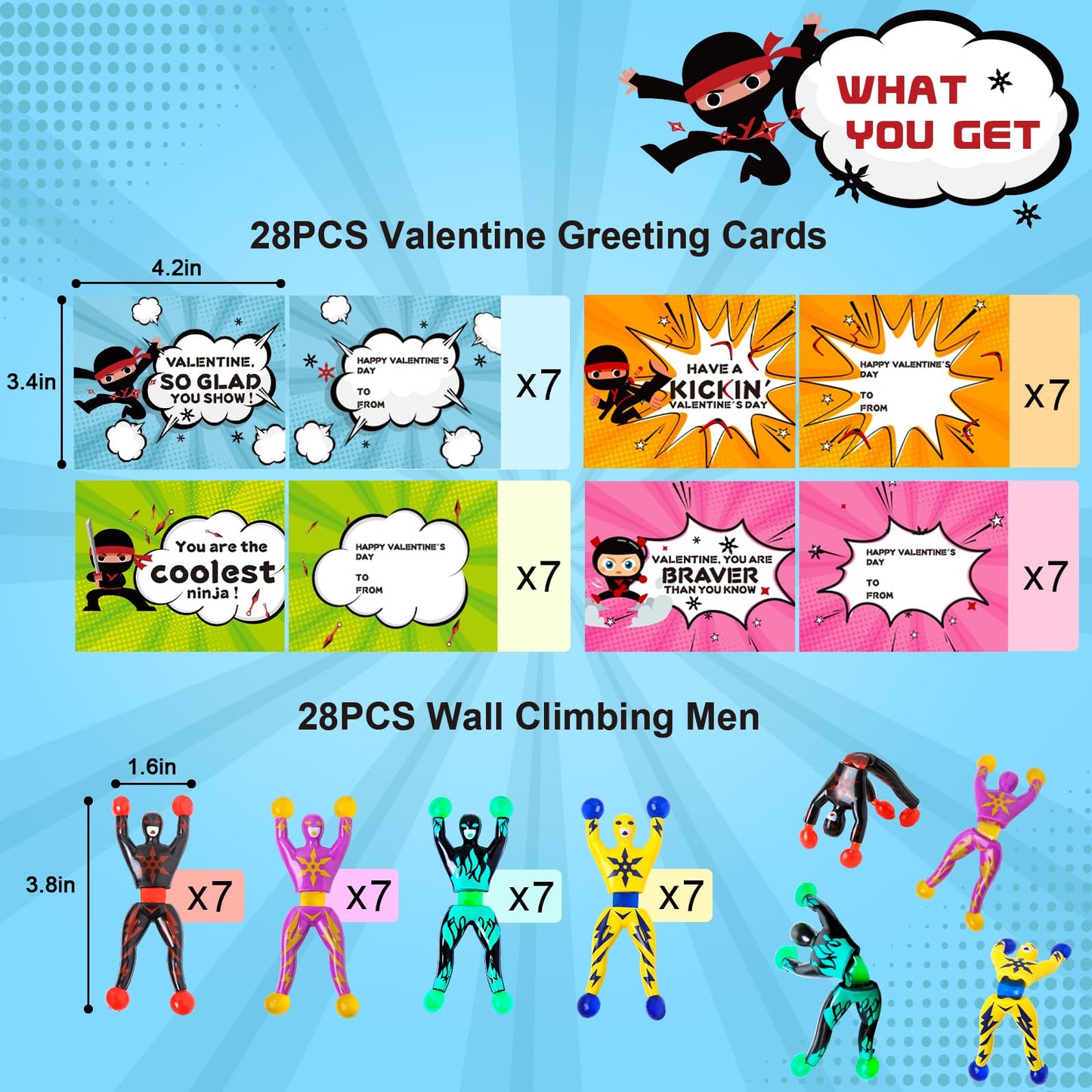 28 Packs Valentines Day Cards for Kids with Sticky Wall Climbing Men Ninja Set for Classroom,Valentines Gifts Exchange For Scho