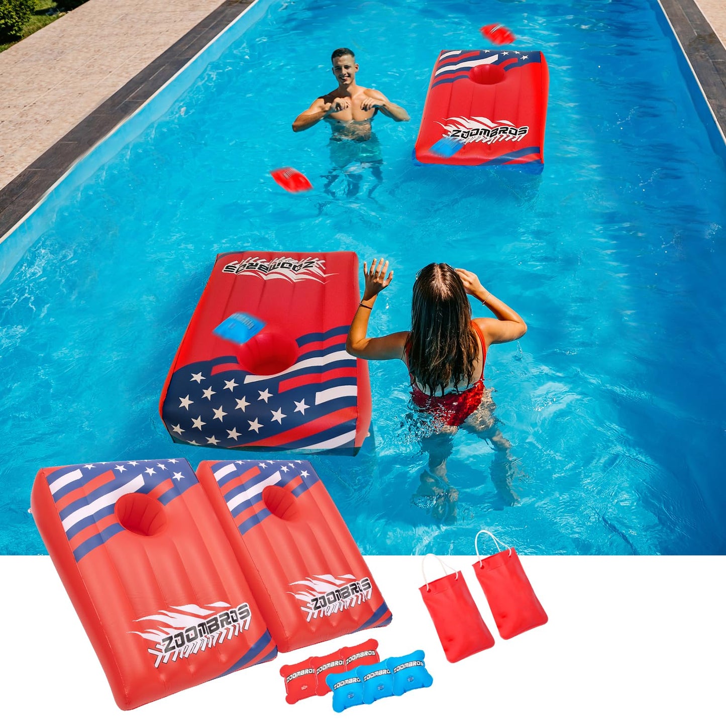 Pool Cornhole 2 Sets, 6 Bean Bags Toss Games With 4 Anchor Bags, Inflatable Cornhole Pool Game Floating Pool Toys For Adults Tee