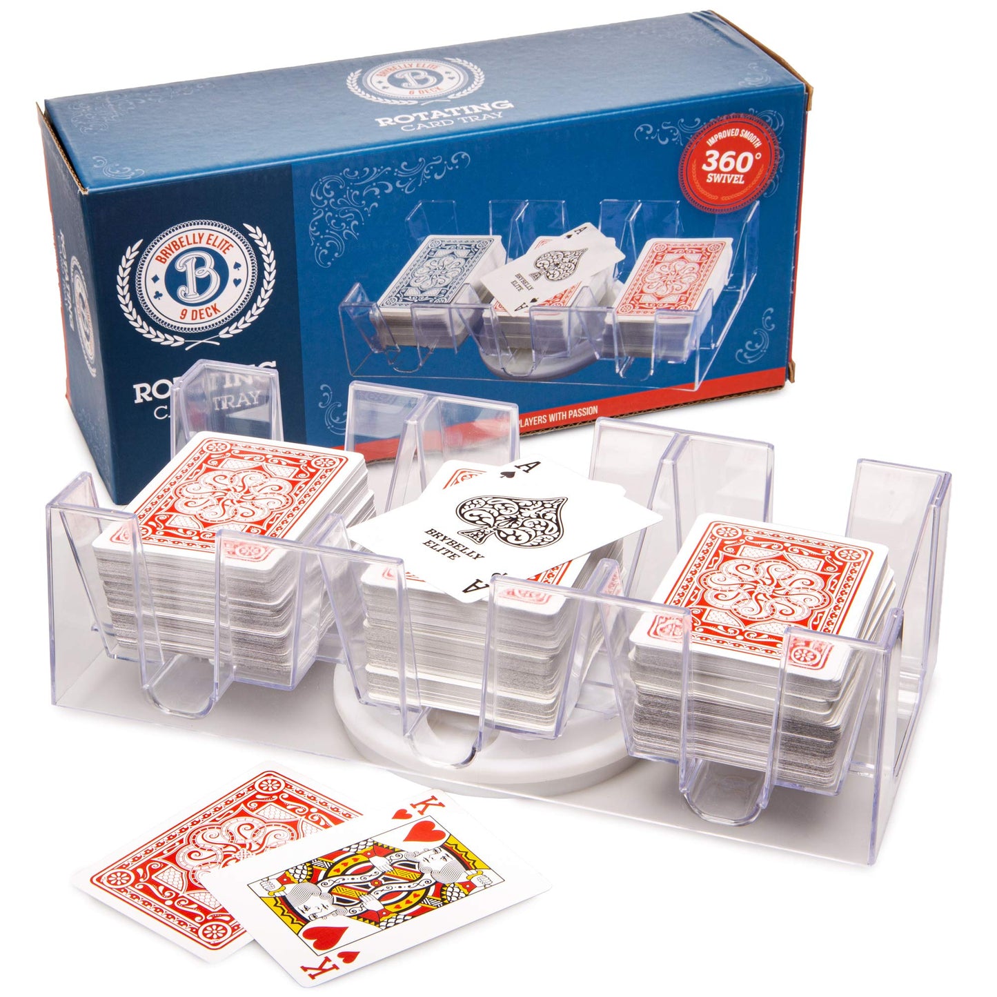 Brybelly advanced Rotating Card Deck Tray | Standard Sized Playing Cards | Rotates in Any Direction | Clear | 9 Deck Tray