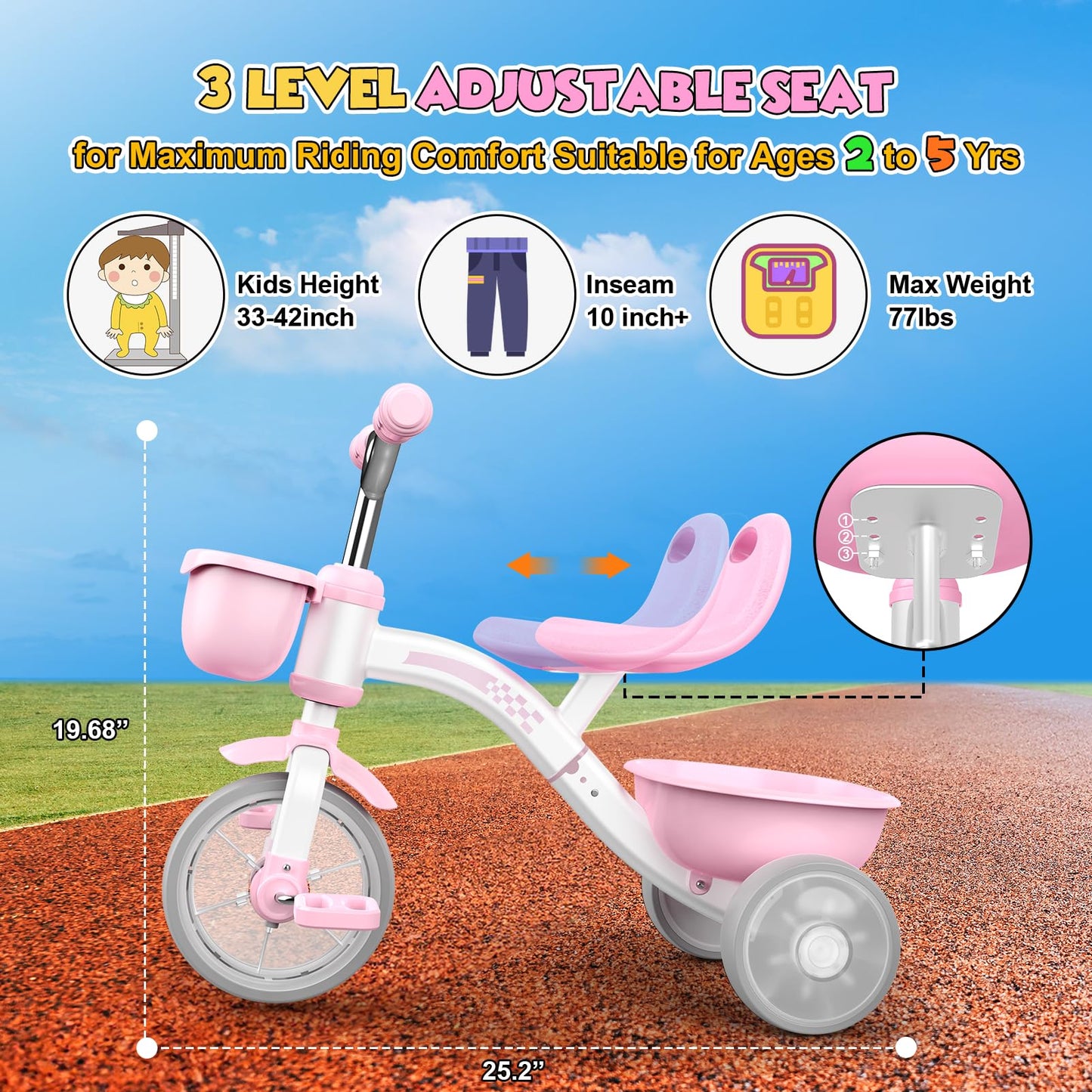 Kkdi Toddler Tricycle, Pink, 4-Level Adjustable Seat, Carbon Steel, Model WJ121503, for Ages 1-5, Ideal Birthday Gift