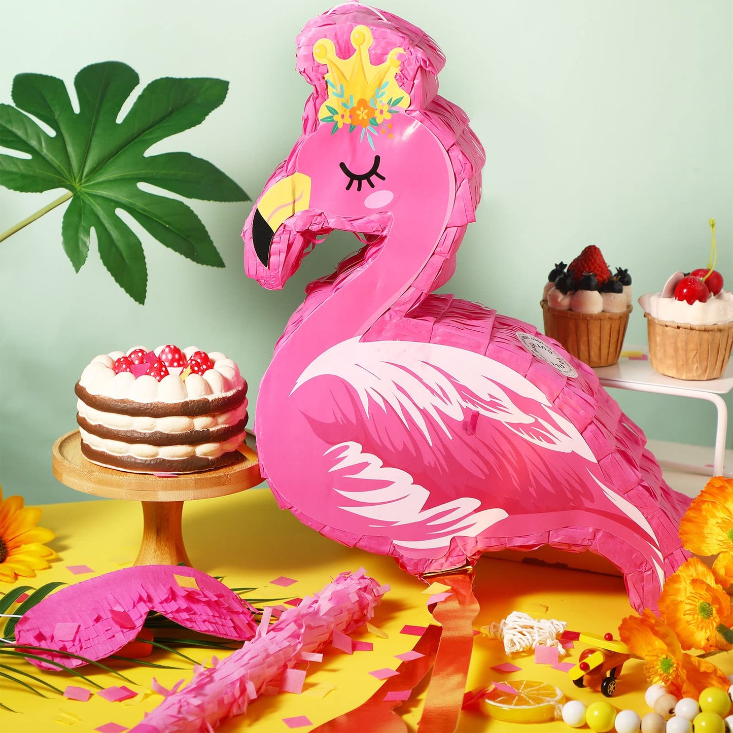 Threan Pink Flamingo Piñata Tropical Party Supplies Small Hawaiian Flamingo Piñata With Blindfold Stick For Pool Luau Hawaii Summer Theme Birthday Party Decorations, 16.1 X 11.8 X 3.1 Inch