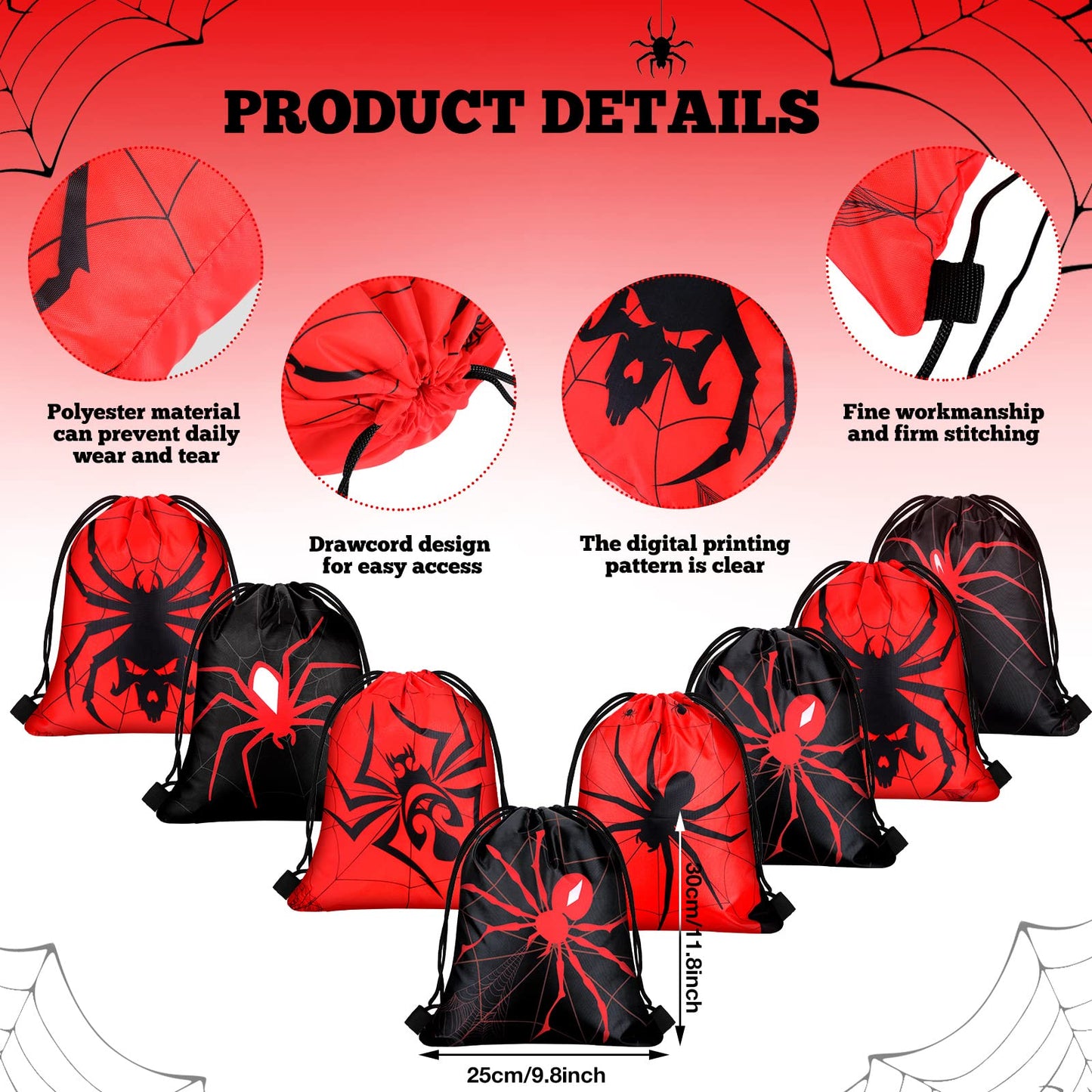 Lothee 32 Pieces Spider Web Birthday Party Decoration Set Spider Web Drawstring Bags Funny Travel Sack Backpack Rubber Bracelets