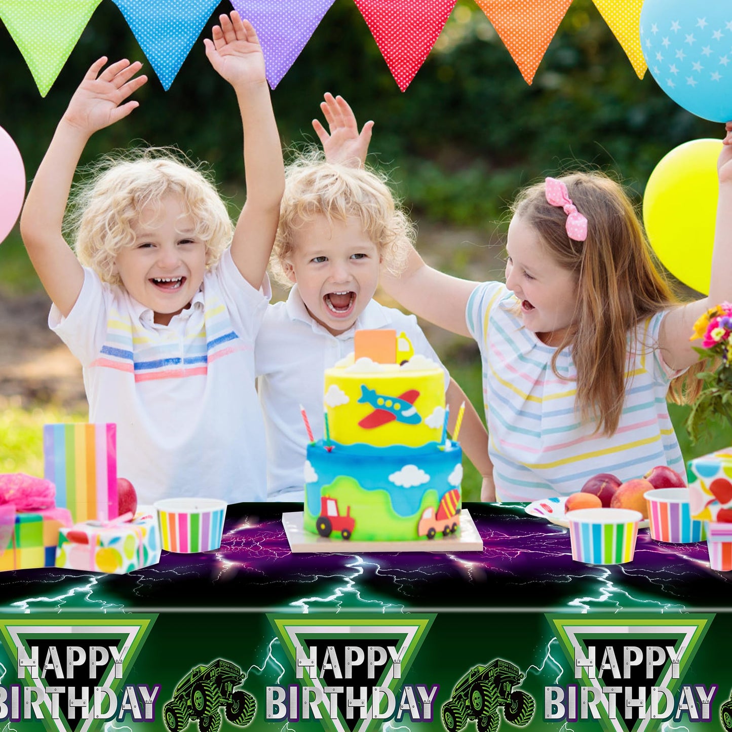 Awsertantue 3 Pack Green And Purple Monster Truck Tablecloths, Monster Truck Happy Birthday Disposable Rectangle Table Cover For