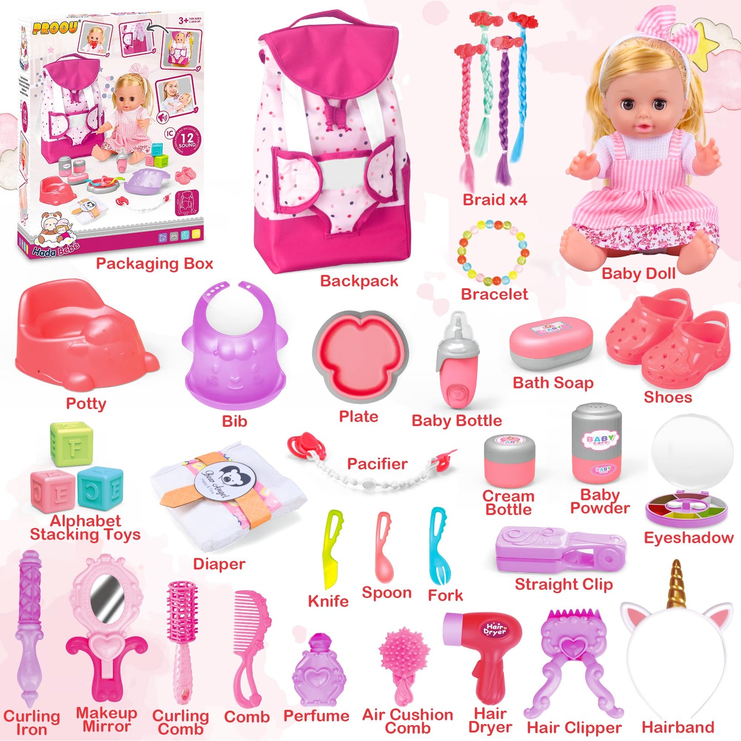 Baby Care Doll Toys Set, 36Pcs Doll Playset, Hair Salon Pretend Play Toddler Doll Toys Incl 14'' Baby Doll Toy, Backpack, Hair Dryer, Hair Curler, Xmas Gifts For Age 3 4 5 6+ Years Old Girls Kids