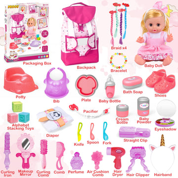Baby Care Doll Toys Set, 36Pcs Doll Playset, Hair Salon Pretend Play Toddler Doll Toys Incl 14'' Baby Doll Toy, Backpack, Hair Dryer, Hair Curler, Xmas Gifts For Age 3 4 5 6+ Years Old Girls Kids