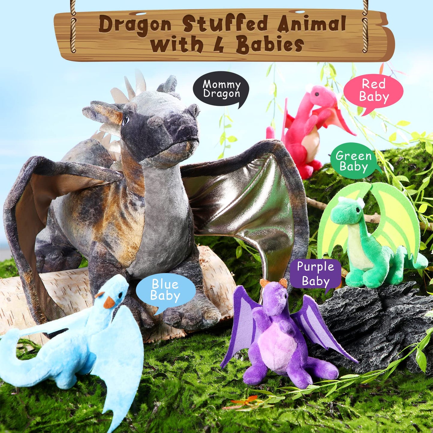 Hydren 5 Pcs Dragon Plush Toys Set 16 Inch Giant Dragon Plush Stuffed Animal With 4 Pcs Babies Dragons In Mommy Dragon'S Belly F