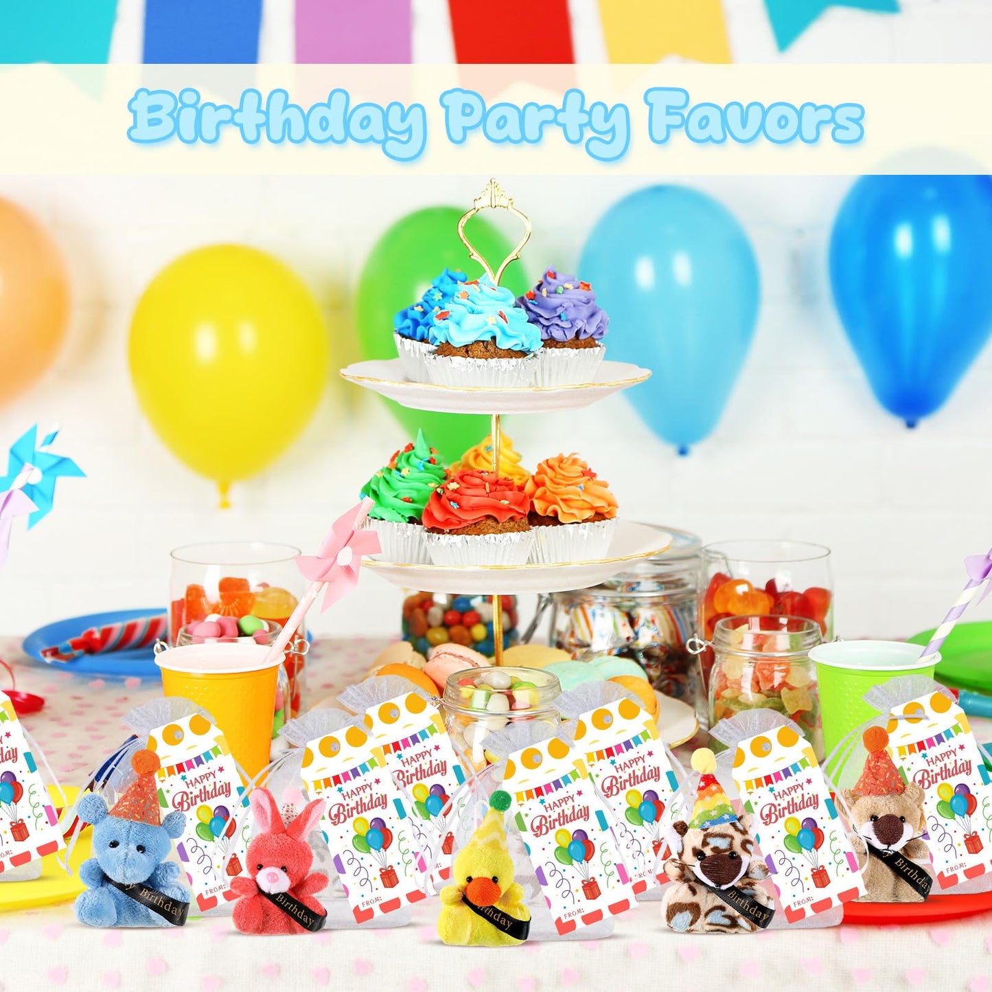 Wiwiqing 24 Set Birthday Mini Stuffed Animals Set Small Birthday Plush Toys Party Favors Soft Tiny Keychain Doll with Hats Gift
