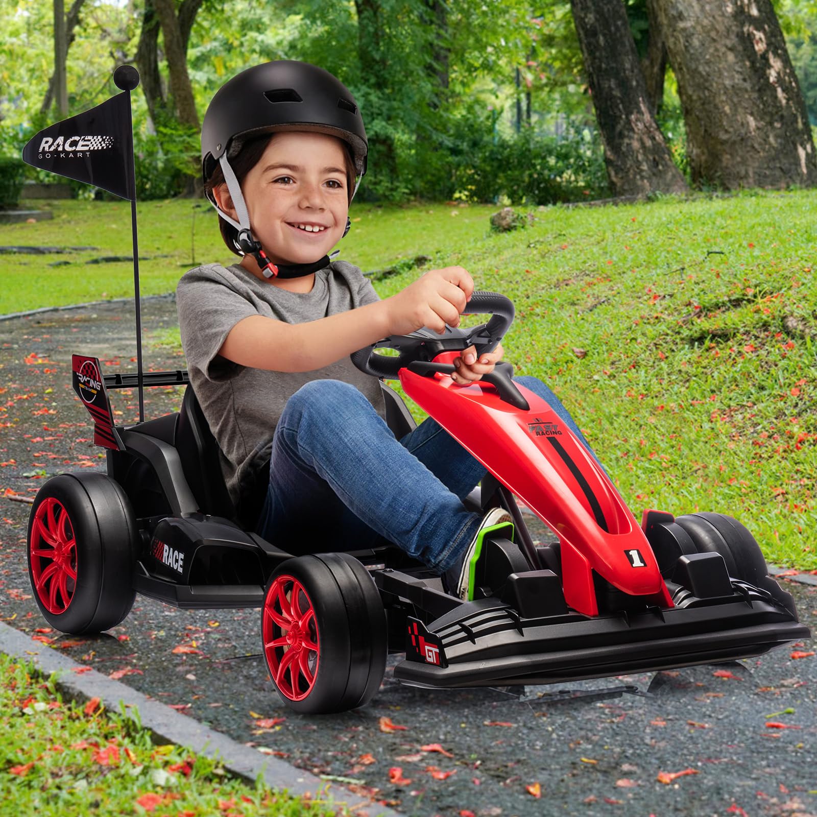 Ride On Go Kart for Kids, 24V 7Ah Battery Two 200W Motors, 7.5MPH Fast Drifting Circling Car, Adjustable Seat Electric Ride Toy,