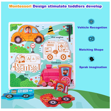 Wooden Puzzles For Toddlers 1-3, Jumbo Base Vehicle Puzzles 2-4,Toddler Boys Toys Birthday Gifts