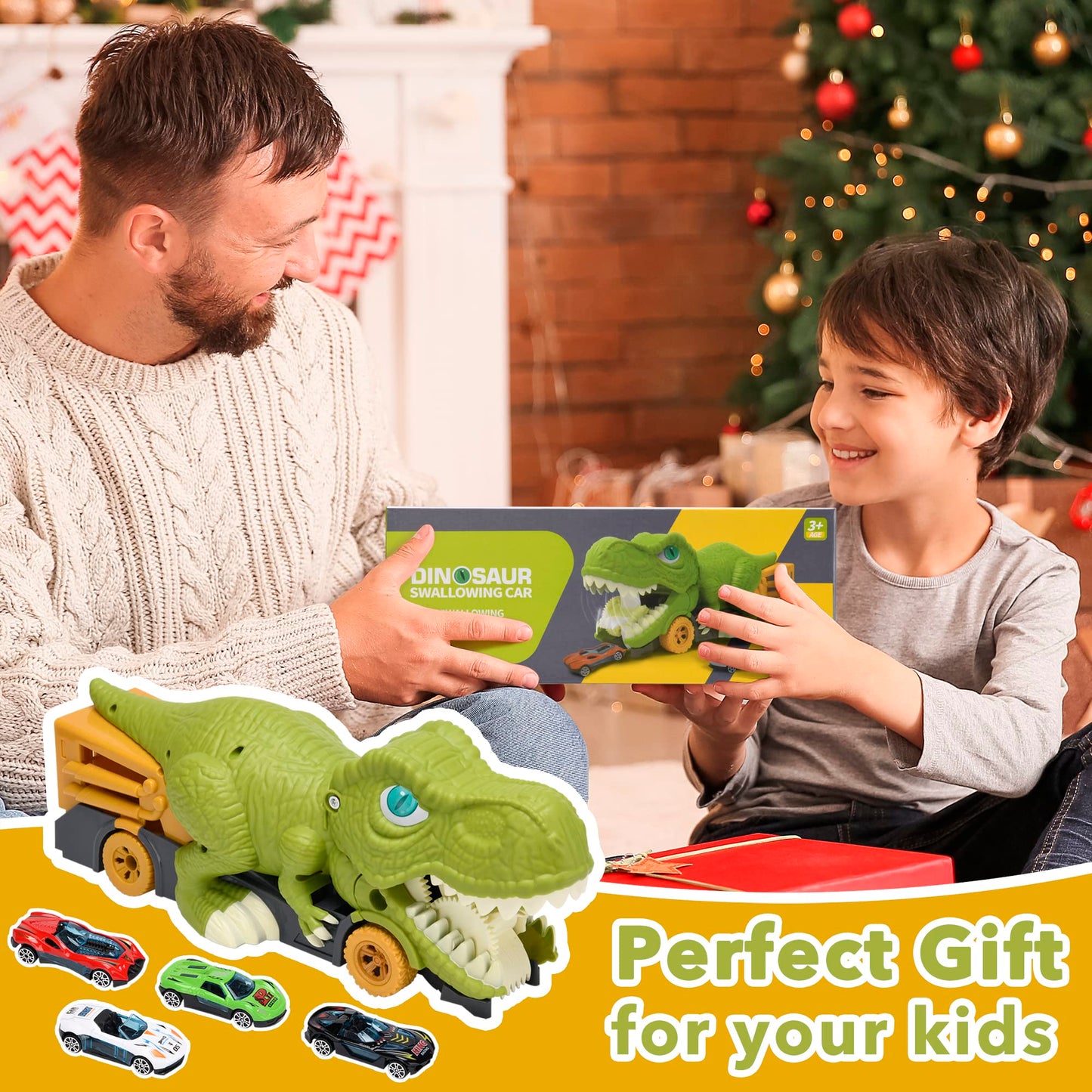 Awulo Dinosaur Car Swallowing Toy - Dinosaur Truck & 6 Mini Alloy Cars 6 Small Dino Eggs, Dinosaurs for Toddlers 1-3 Boys