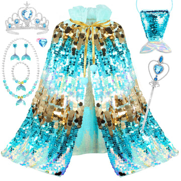 Limiroler Princess Dress Up Toys Mermaid Dress Up Cape Kit 9 Pcs Gift Set For Little Girls 3-8 Years Old, Princess Dress Up Clothes Set Gift For Birthday Christmas Party Halloween (Blue)