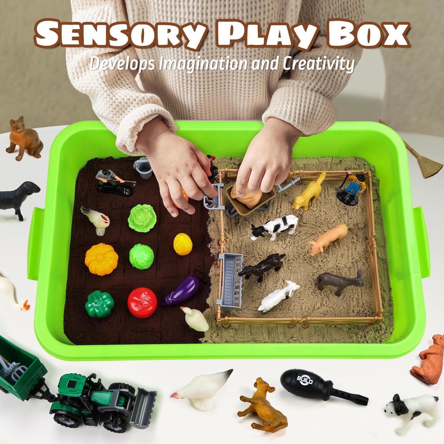 Aprilwolf 69 Pcs Farm Sensory Bin Toys Playset, Sandboxes With Sand, Farmer Tractor & Farm Animals Figures Toys For Kids 3 4 5,