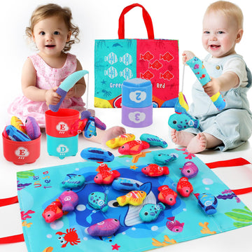 Cloth Fishing Game Toy & Stacking Cups Set - Montessori Toddler Toys For 1 Year Old | Educational Number Counting, Color Sorting