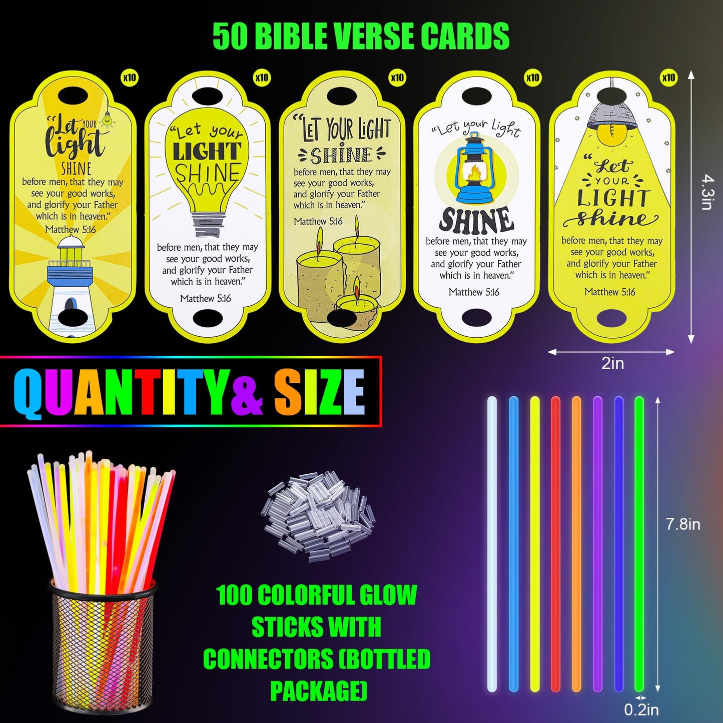 MiniInflat 50 Sets Christian Let Your Light Shine Glow Sticks with Cards Gift for Kids Include 50 Religious Mattehew 5:16 Gift T