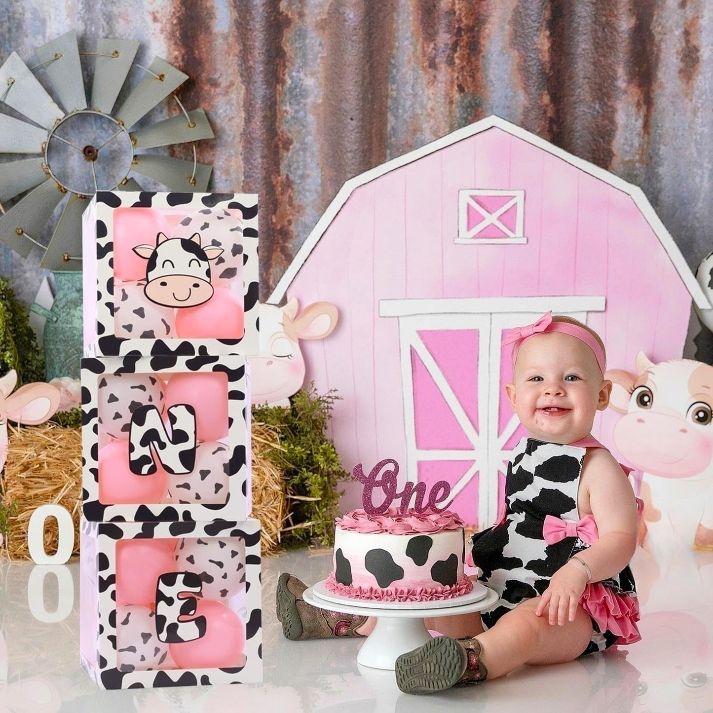 Holy Cow Im One First Birthday Decorations Girl, One Balloon Boxes With Cow And Pink Balloons, One Blocks For Cow Farm Western T
