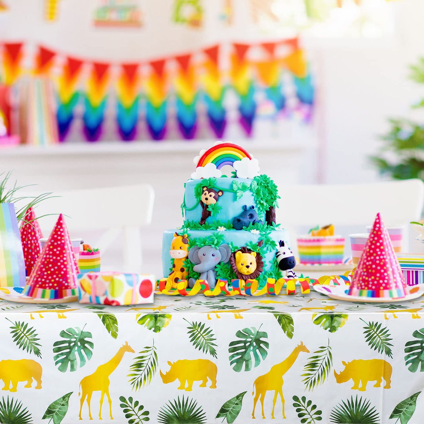 Tudomro 3 Pcs Jungle Safari Tablecloths Plastic Wild One Table Cover Waterproof Jungle Animal Table Cloth Palm Leaves Tablecloth