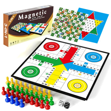3 in 1 Magnetic Board Games Set for Kids Adults - Classic Travel Game Set with Chinese Checkers, Ludo, Snakes and Ladders, Educa