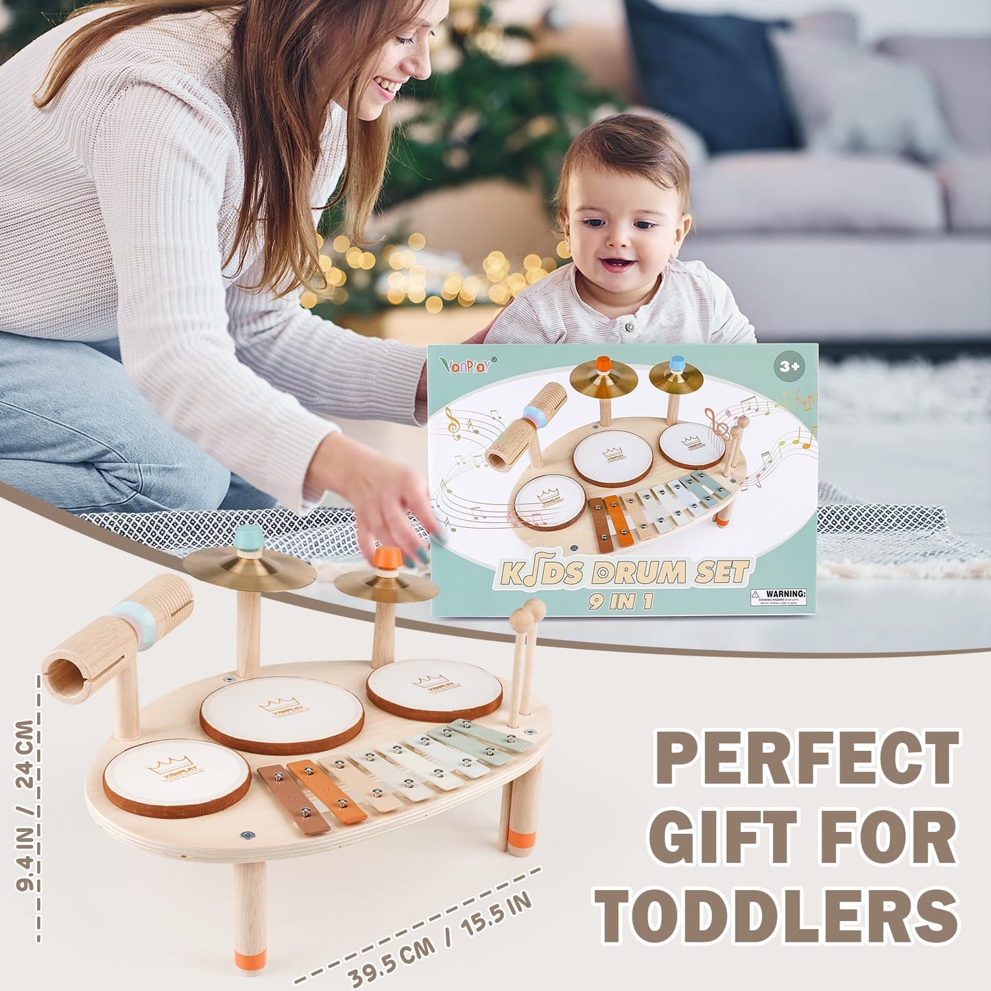 Vanplay Musical Toys For 1 Year Old: 9 In 1 Wooden Drum Set For Toddlers 1-3, Montessori Toys For Babies 12-18 Months With Xylophone, 1St Birthday Gifts For 1 2 3 Year Old Boys Girls Instruments Toys