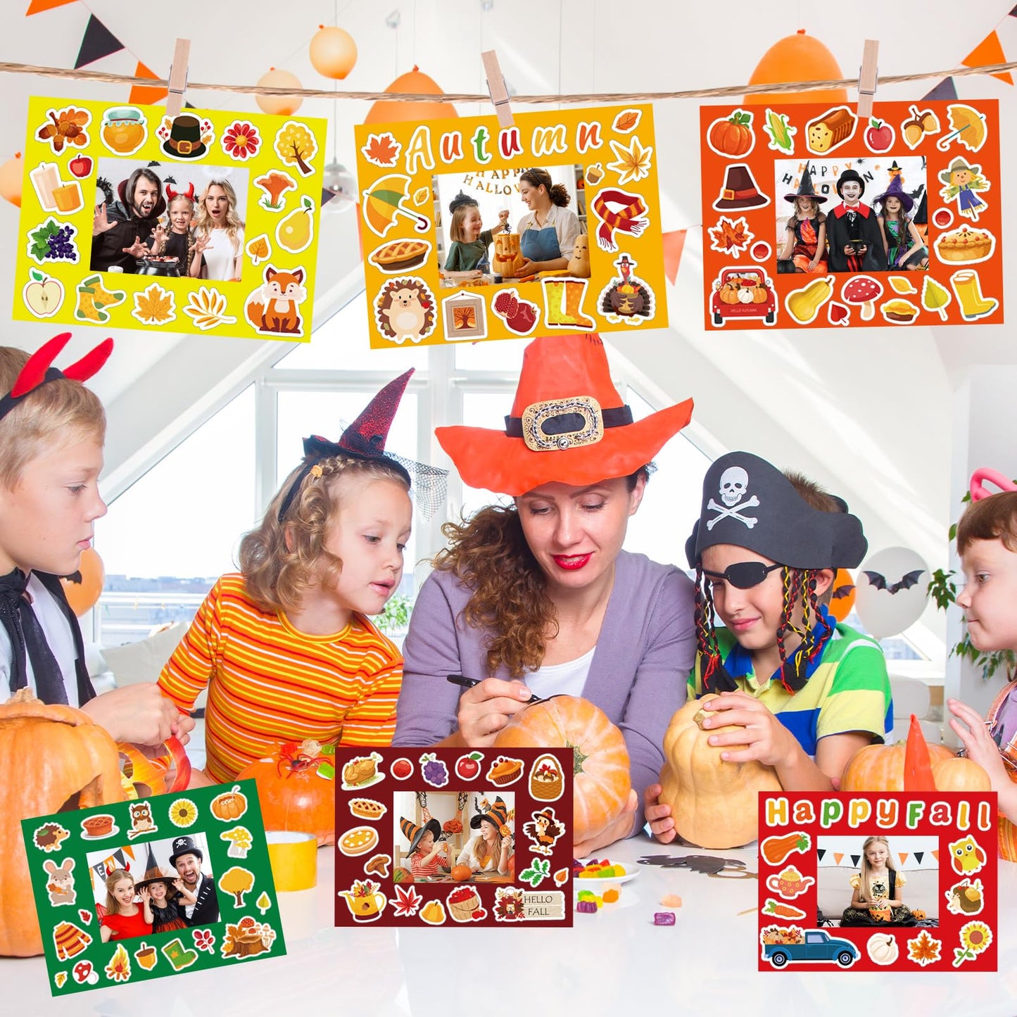 Winmany 72-Piece Thanksgiving Halloween DIY Photo Frame Craft Kit Holiday Picture Frame Set with Stickers and Clips for School A