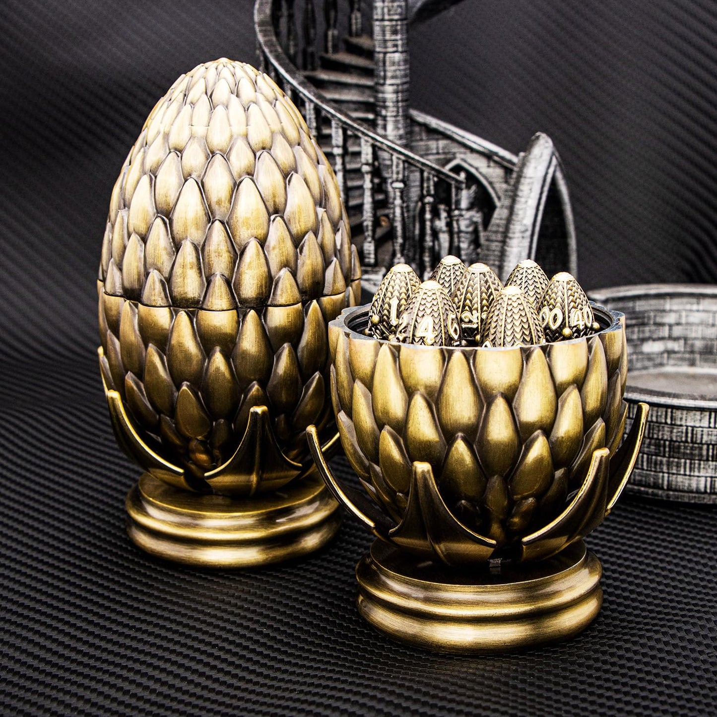 ARUOHHA DND Metal Dice Bronze Dragon Egg Dice with Rotating Dragon Egg Shell, Dungeons and Dragons Role Playing Game RPG D&D Dic