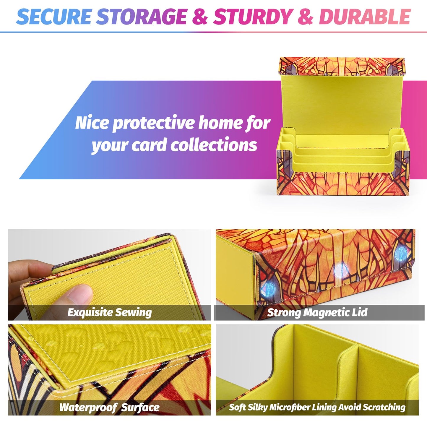 Uaono Card Storage Box For Mtg, Trading Card Deck Box Holds 1800+ With 6 Dividers, Leather Printing Magnetic Closure Card Storage Case Fits Tcg Ccg Sports Cards (Yellow, Sun)