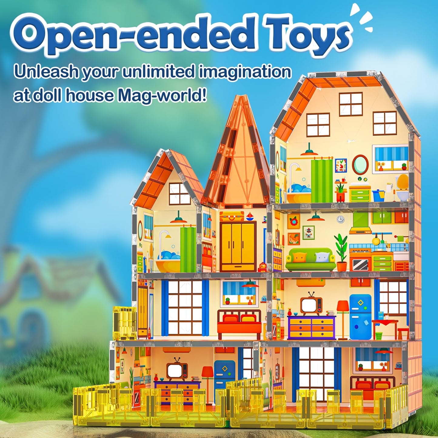 Magnetic Tiles-Doll House With Magnets For Kids Playhouse Tiles Edition Double Sided, Kids Toys Magnetic Blocks For Boys Girls Age 3-4 4-5 6-8, Stem Sensory Toys For Classroom Must Haves Building Toys