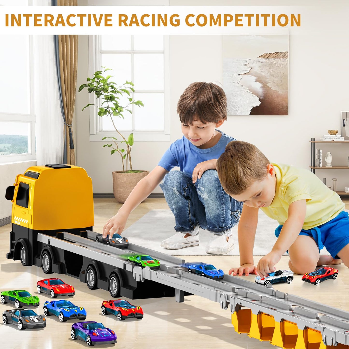 MSKOLER Racing Car Railway Truck Toy for Boys 2 3 4 5 6 7 Years Old - 78.7-inch Transport Carrier Trucks, Foldable Railway Stora