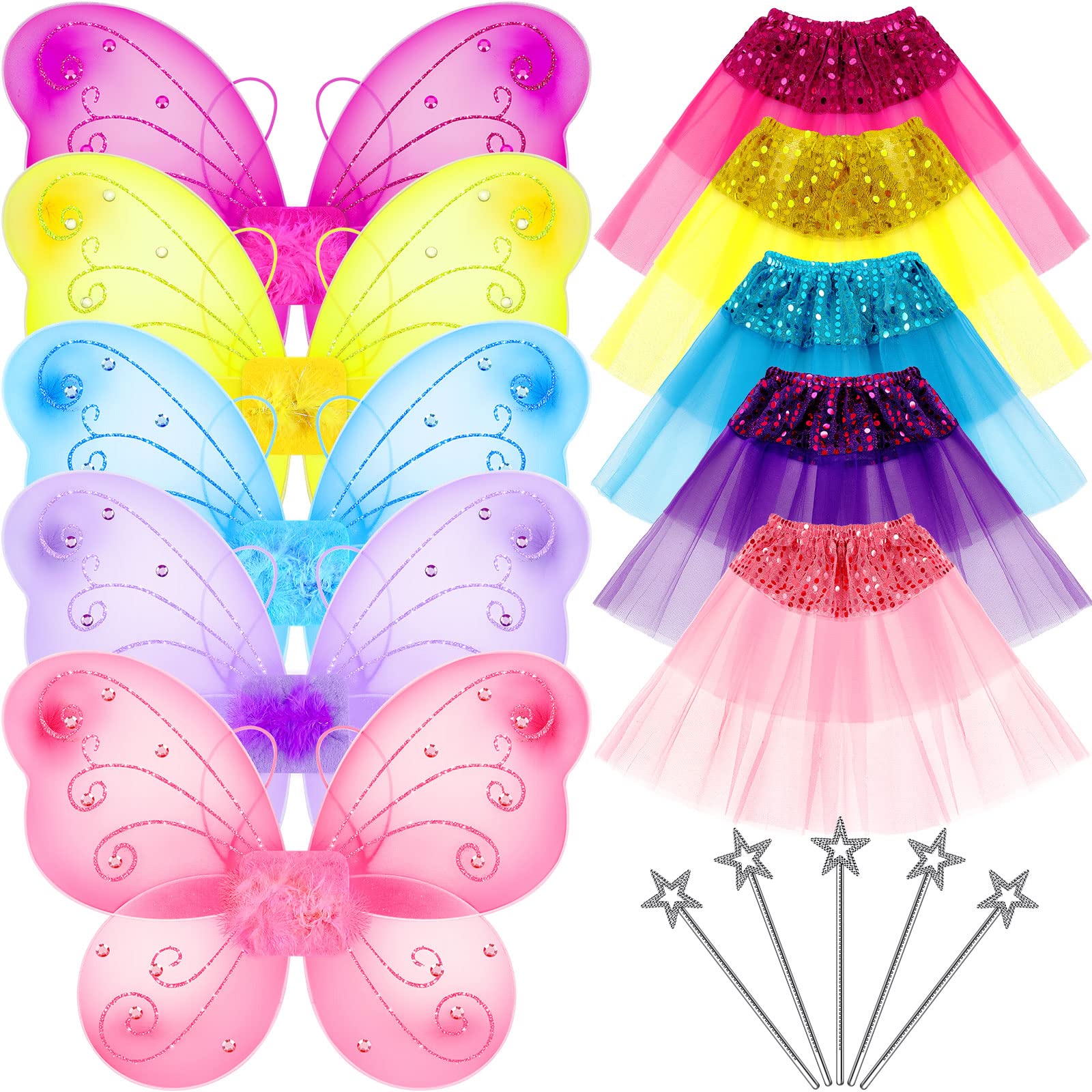 Chivao 15 Pcs Fairy Costume Set For Girls 6-12, Butterfly Wings Tutu Skirt Wand Dress Up Clothes For Pretend Play Fairy Princess
