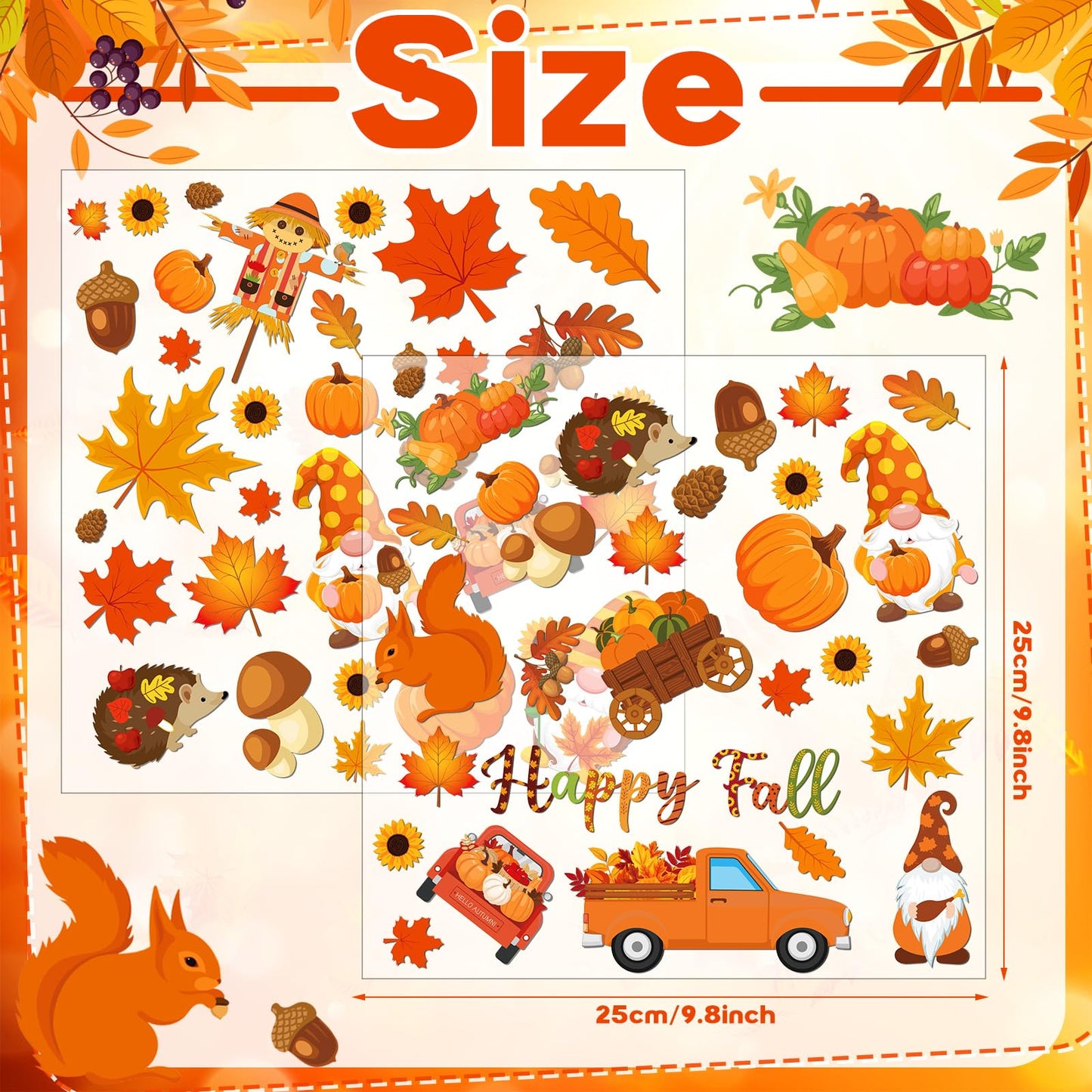 Motipuns 2 Sheet 64 Pcs Thanksgiving Gel Window Clings Fall Thick Gel Cling Removable Reusable Autumn Harvest Window Sticker Pum