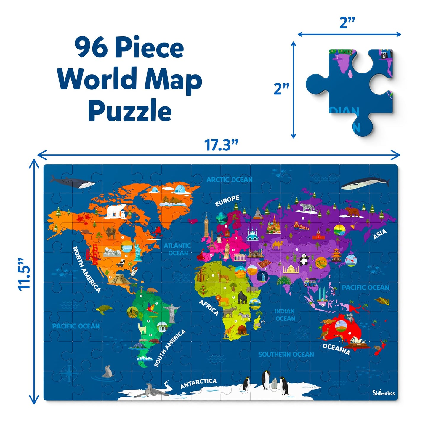 Skillmatics World Map Puzzle - 96 Piece Jigsaw Puzzle, Educational Toy, Geography For Kids, 400+ Facts, Gifts For Boys & Girls Ages 6 To 12