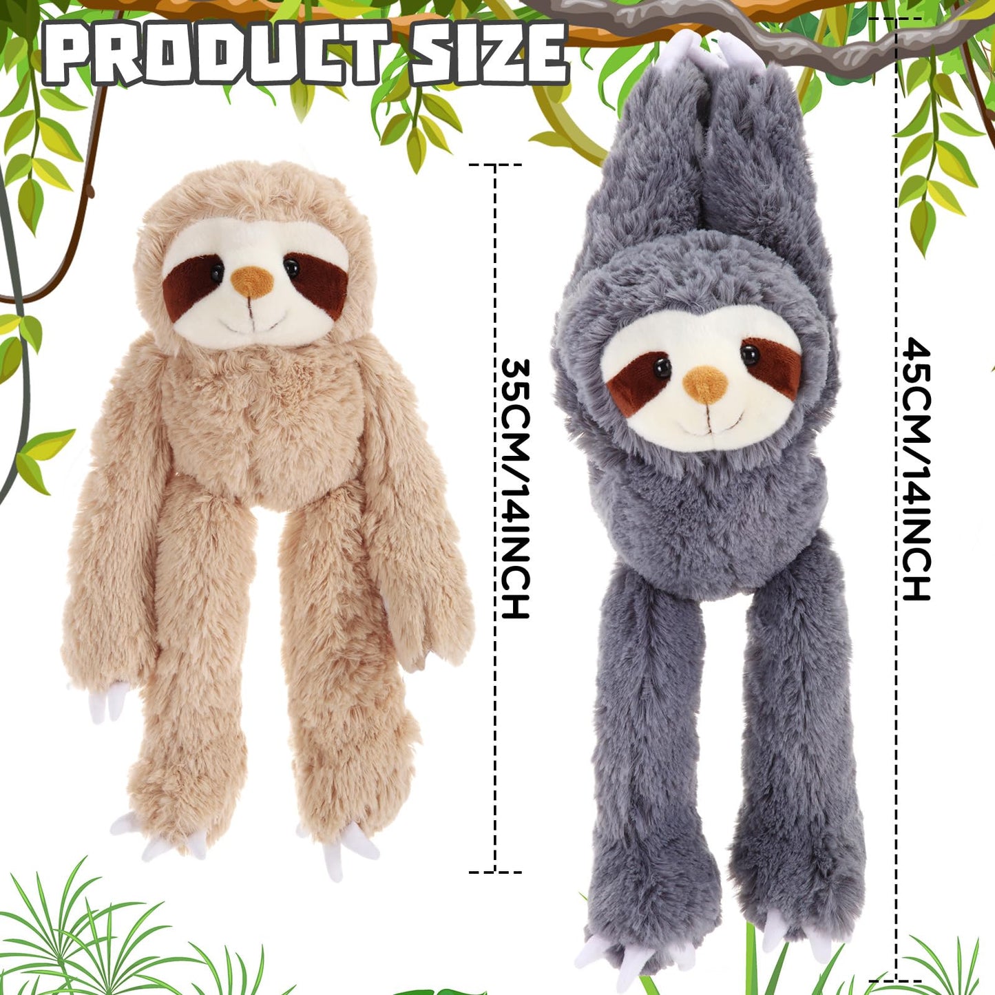 Queekay 2 Packs Sloth Stuffed Animal Hanging 18 Inch Three Toed Sloth Plush Toy With Hook And Loop Hands For Teens Adults Gifts Decors(Dark Gray, Light Brown)