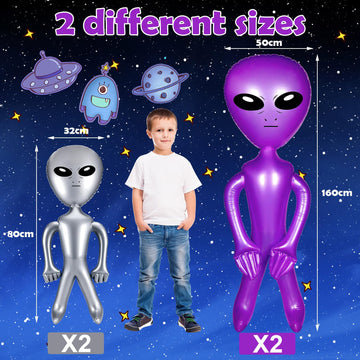 Zhanmai 4Pcs 35/63 Inch Inflatable Alien Balloons, Pvc Silver, Purple, For Party Decorations, Halloween, Birthday, Christmas, Unisex
