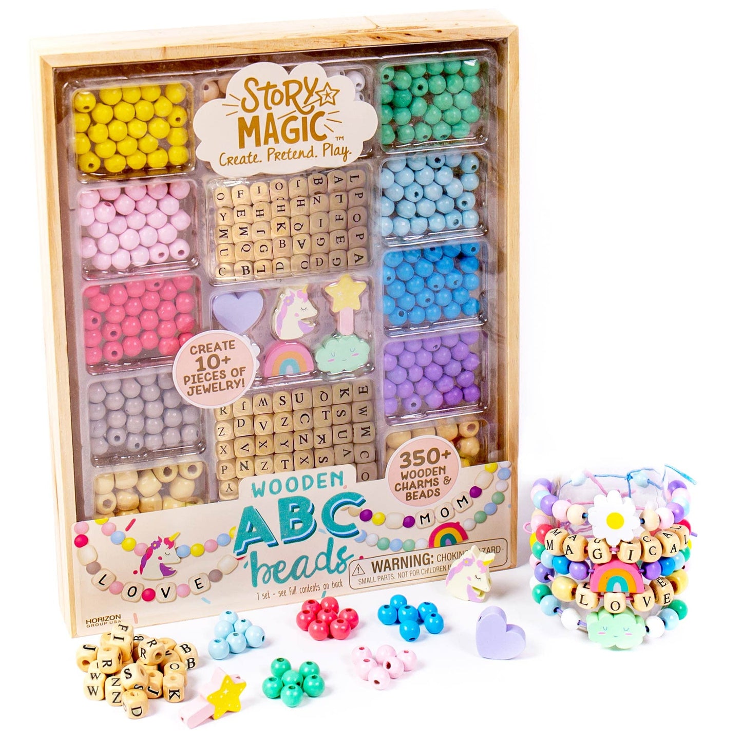 Story Magic Wooden Abc Bead Kit, Premium Wood Jewelry Making Kit, 350+ Wooden Beads & Charms For Beading Bracelets, Great For Pl