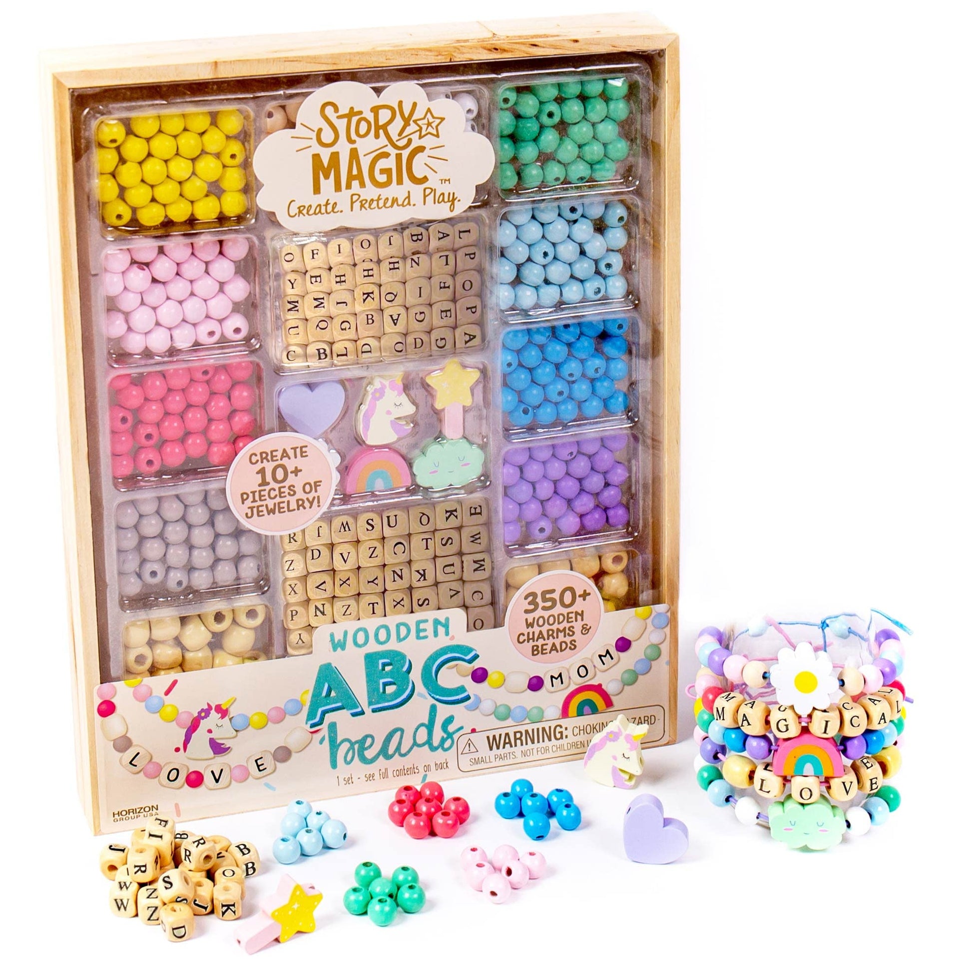 Story Magic Wooden Abc Bead Kit, Premium Wood Jewelry Making Kit, 350+ Wooden Beads & Charms For Beading Bracelets, Great For Pl