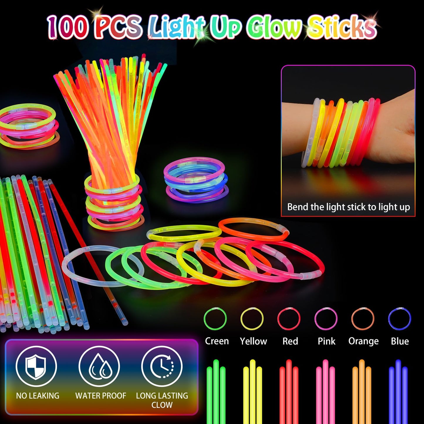 156 PCS Glow in the Dark Party Supplies, 12 Light Up Pop Tubes, 12 LED Glasses, 12 Light Up Headband, 20 Finger Lights and 100 G