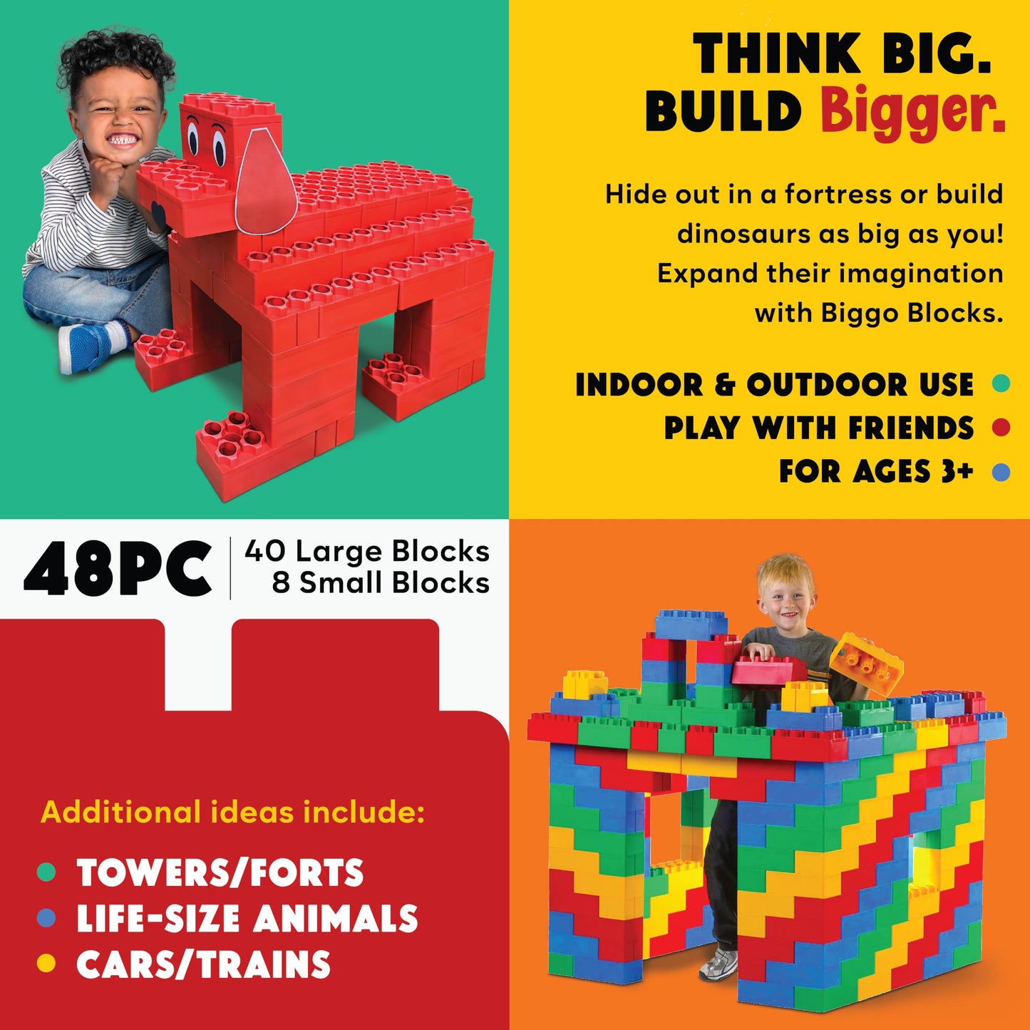 Big Blocks For Kids Ages 4-8 - Indoor & Outdoor Blocks Kids Games - Red Large Building Blocks - 48 Pc