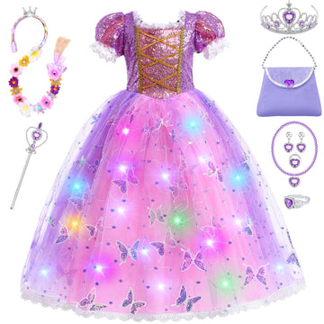Svmk 10Pcs Girls Princess Rapunzel Dress Costume Light Up Kids Toddler Princess Dress Up Clothes Accessories Led Wig Bag Wand Cr