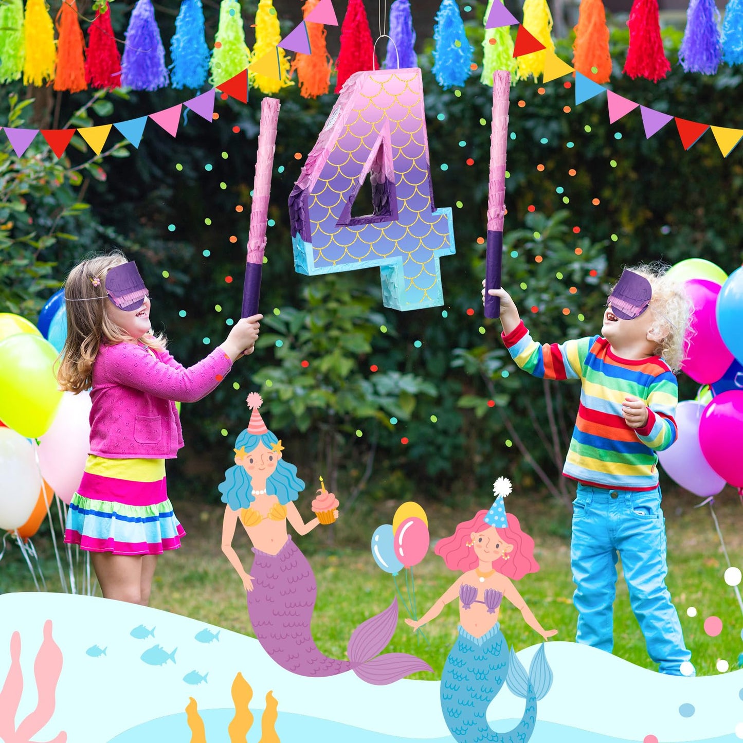 Shappy 16 Inch Mermaid Piñata Purple Number Birthday Piñata Birthday Party With Stick Blindfold Confetti For Birthday Anniversary Celebration Decoration Supplies(Number 4)