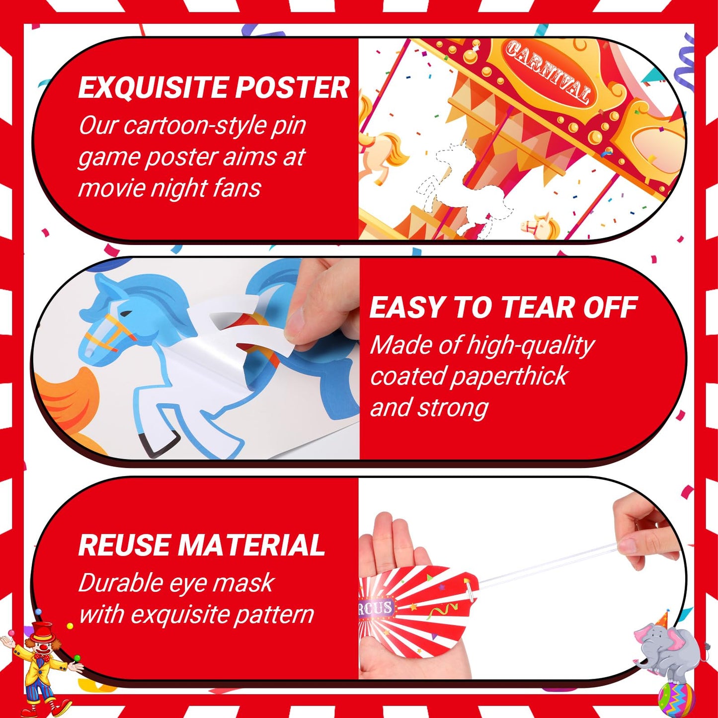 Faccito Carnival Circus Party Games Pin The Stickers on The Large Poster with 24 Pcs Stickers Blindfold Carnival Pin Game Set fo