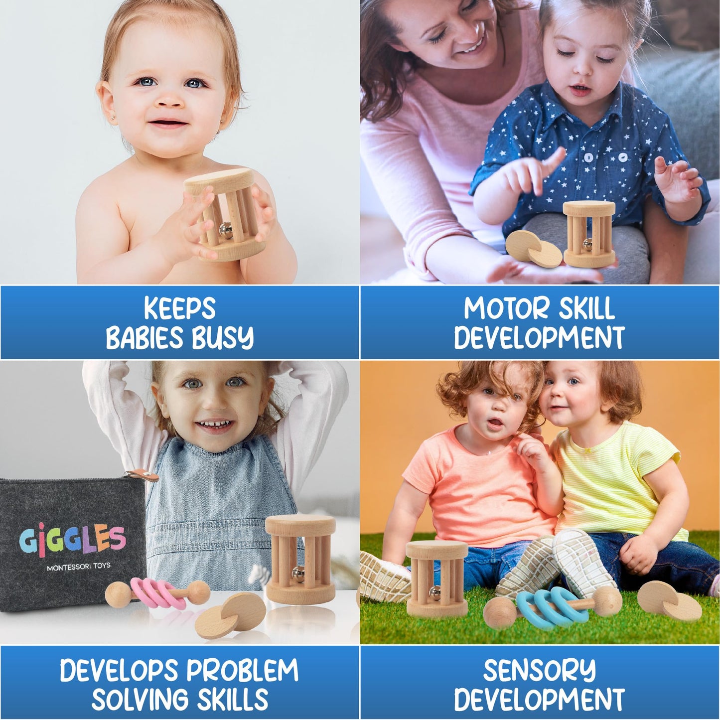 Giggles Montessori Eco-Friendly Wooden Baby Toys - Sensory Stimulation for 0-12 Months, Natural Color, Skill-Building & Cognitive Growth