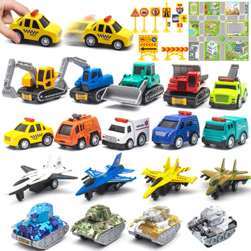 Mostop Die-Cast Mini Pull Back Cars - 18 Piece Toddler Toy Car Bulk Party Favor With Small Construction Vehicles - Car Pack - Pu