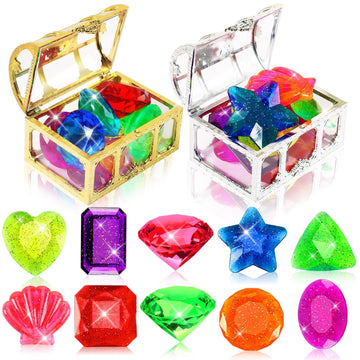 Marforever 22 Pcs Diving Gem Pool Toys, Colorful Large Acrylic Diamond Pool Gems With 2 Pirate Treasure Chest Boxes Dive Throw T